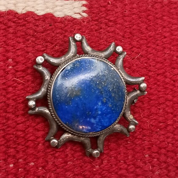 Antique Sterling Silver Lapis Lazuli Brooch Pendant Trombone Clasp - Picture 2 of 8